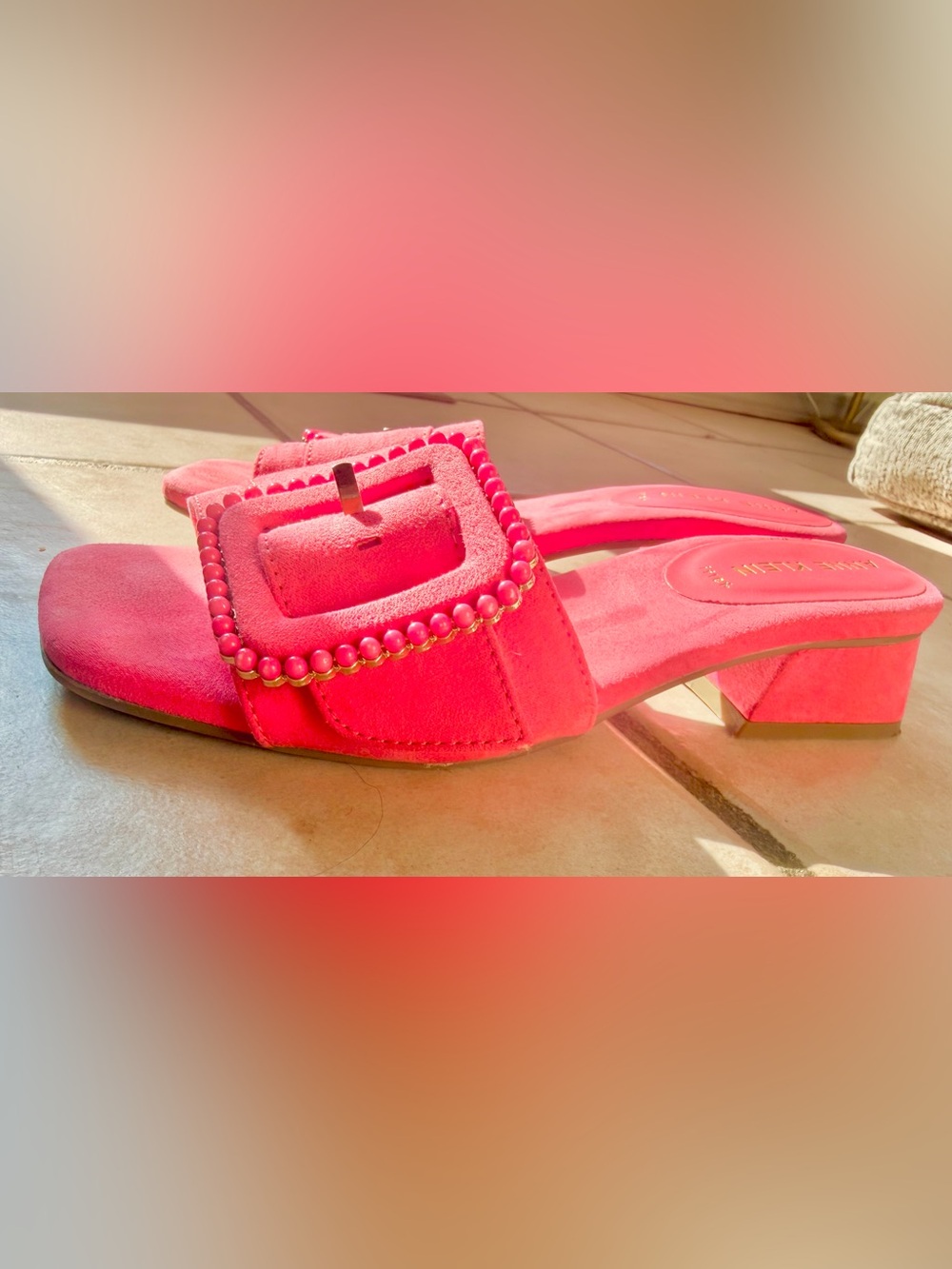 Anne Klein Hot Pink Beaded Big Buckle Slide Sandals